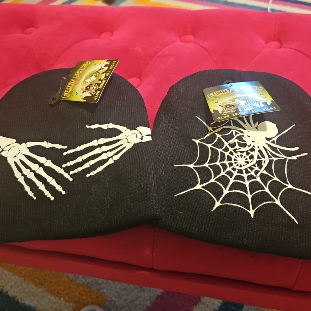 NWT 2 Halloween Funny Bones Glo-Hat Beanie Glows In The Dark Skeleton Spider